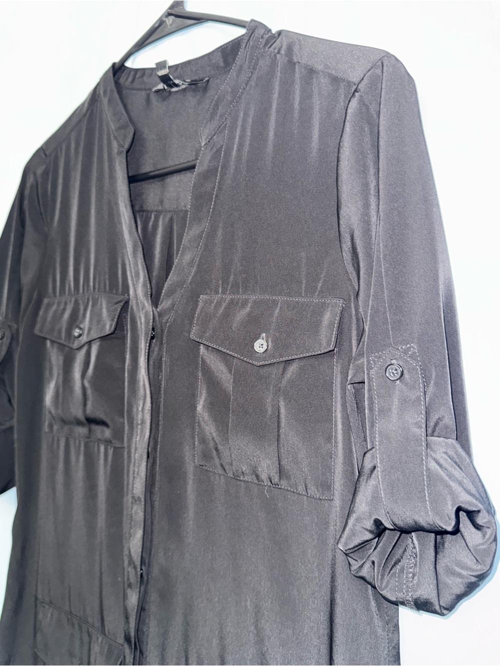 Express Black Utility Shirt Dress Roll Tab Sleeves 4 Pocket Mini Dress Size XS - Picture 3 of 7